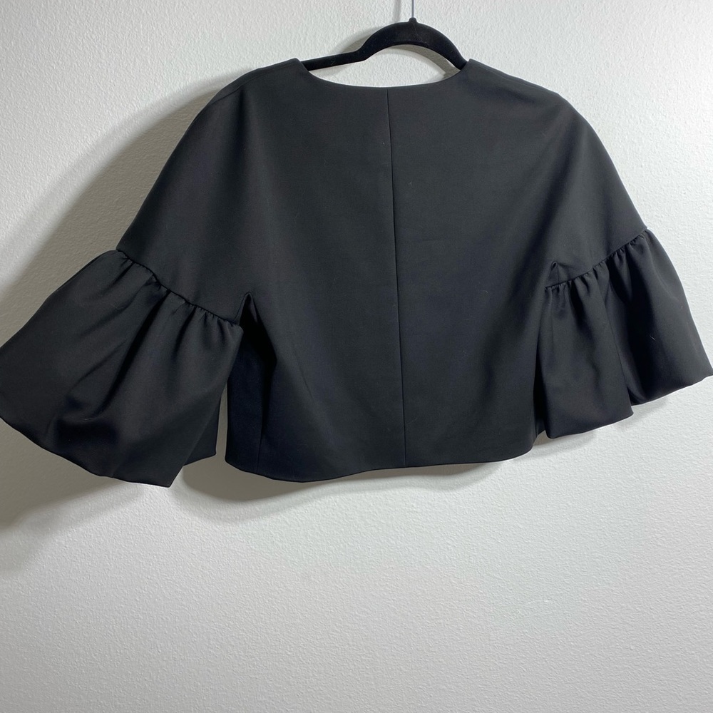 Tibi Agathe Zip Front Balloon Sleeve Cropped Top, Black - Picture 9 of 11